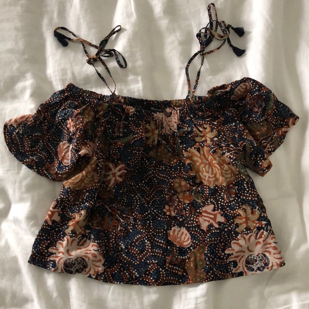 Madewell silk off the shoulder top with tassel tie